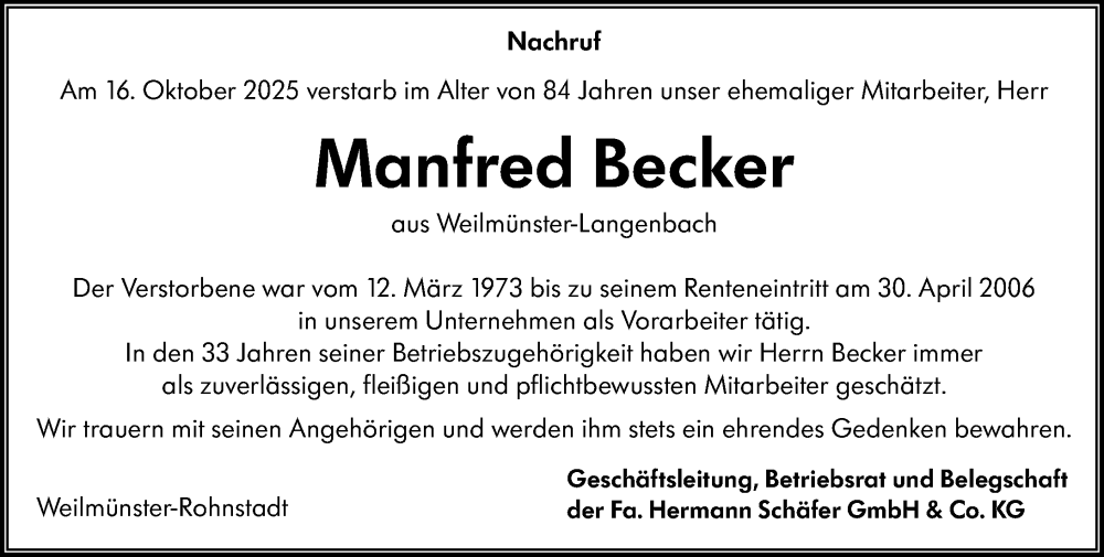  Traueranzeige für Manfred Becker vom 08.11.2025 aus Weilburger Tageblatt