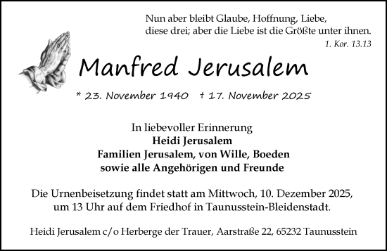 Traueranzeige von Manfred Jerusalem von Wiesbadener Kurier
