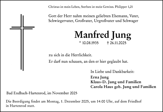 Traueranzeige von Manfred Jung von Hinterländer Anzeiger
