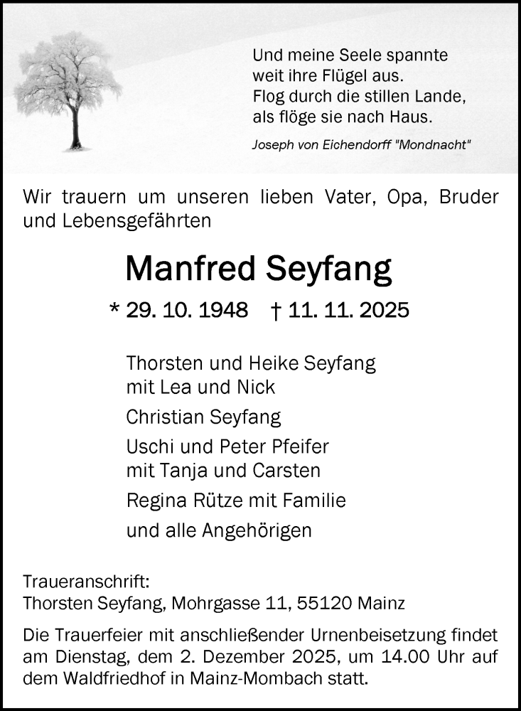  Traueranzeige für Manfred Seyfang vom 22.11.2025 aus Allgemeine Zeitung Mainz