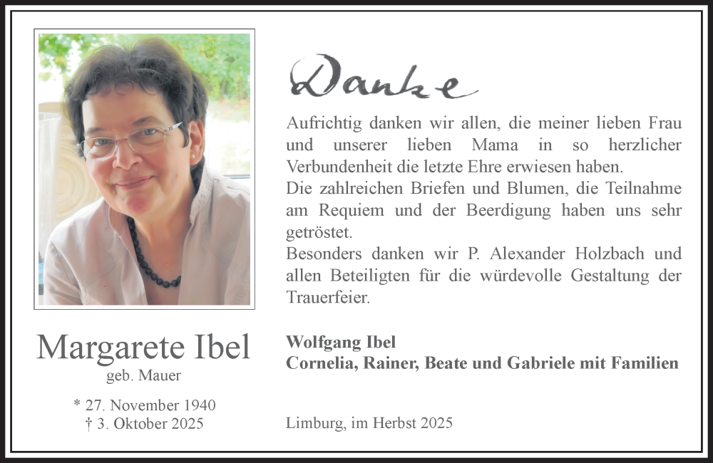 Traueranzeige für Margarete Ibel vom 08.11.2025 aus Nassauische Neue Presse