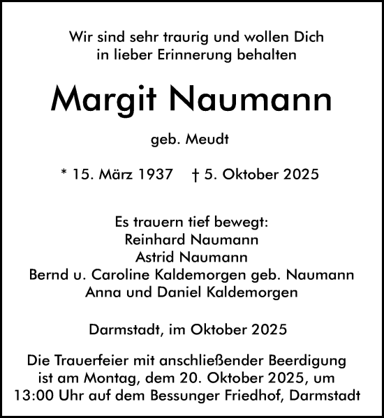 Traueranzeige von Margit Naumann von Darmstädter Echo