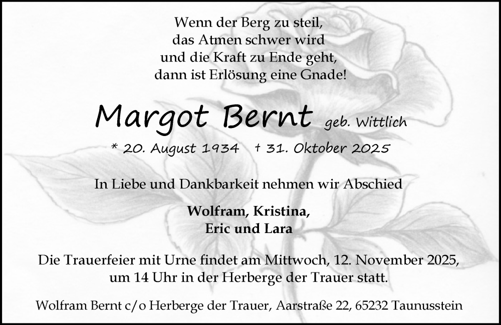  Traueranzeige für Margot Bernt vom 08.11.2025 aus Idsteiner Land/Untertaunus