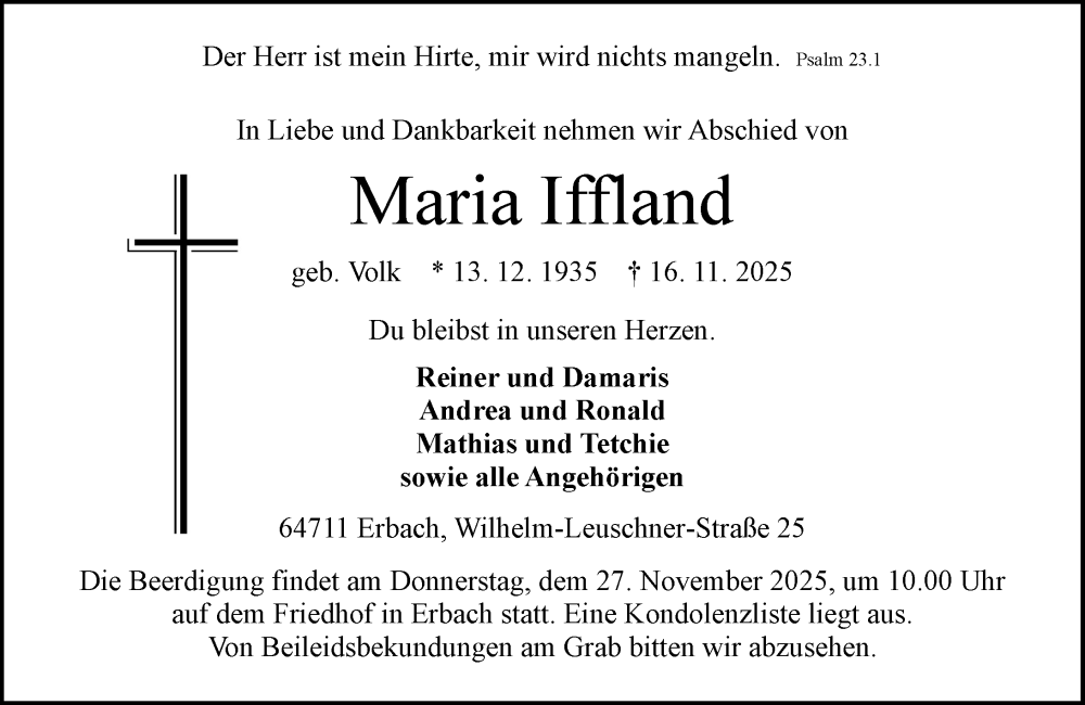  Traueranzeige für Maria Iffland vom 22.11.2025 aus Odenwälder Echo