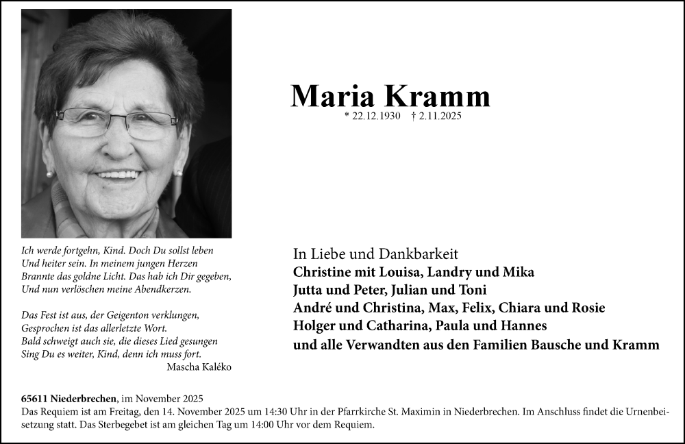  Traueranzeige für Maria Kramm vom 08.11.2025 aus Nassauische Neue Presse