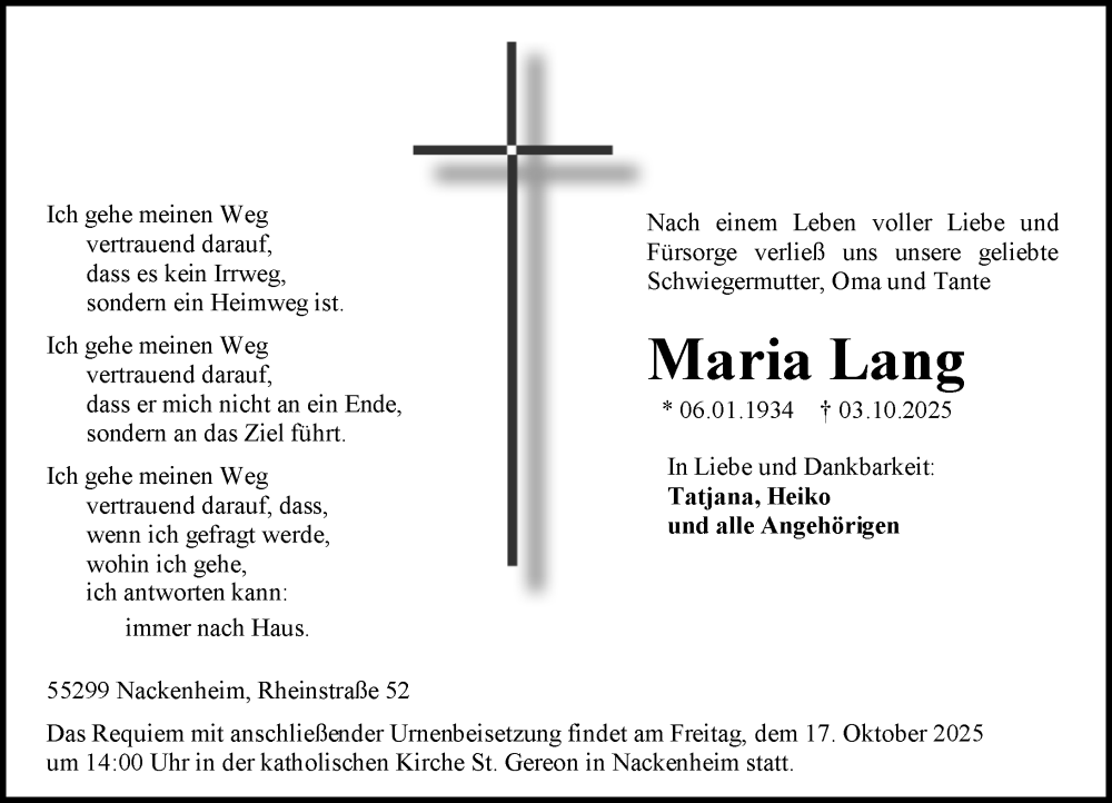  Traueranzeige für Maria Lang vom 11.10.2025 aus Allgemeine Zeitung Mainz