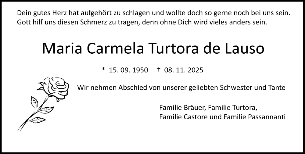 Traueranzeige für Maria Carmela Turtora de Lauso vom 15.11.2025 aus Darmstädter Echo