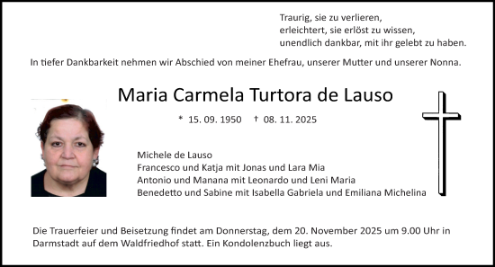 Traueranzeige von Maria Carmela Turtora de Lauso von Darmstädter Echo
