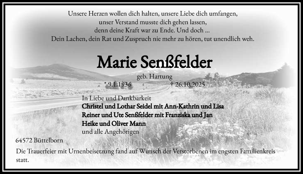 Traueranzeige für Marie Senßfelder vom 08.11.2025 aus Groß-Gerauer Echo