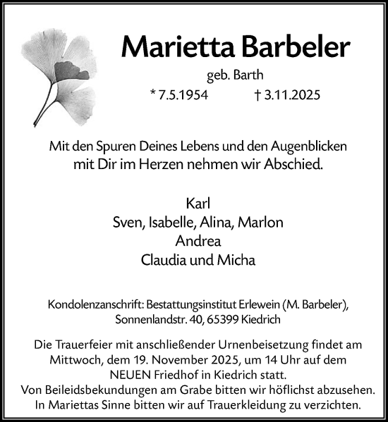 Traueranzeige von Marietta Barbeler von Rheingau Kurier