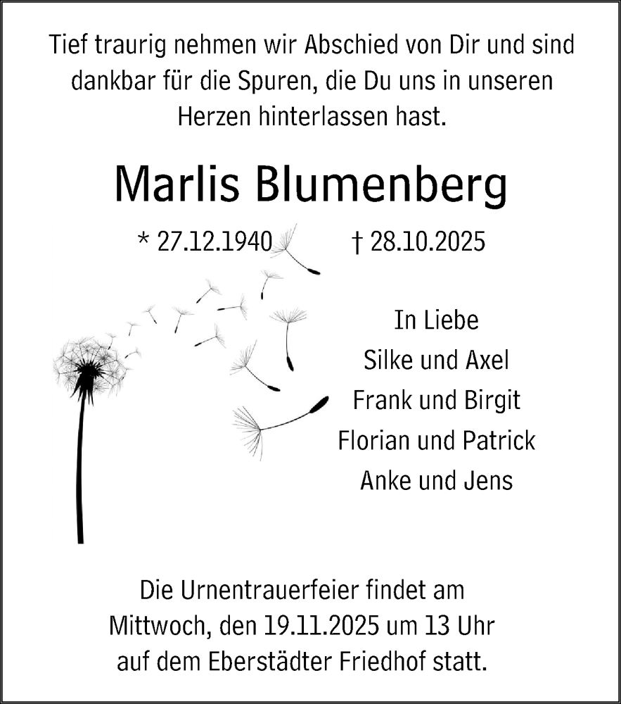  Traueranzeige für Marlis Blumenberg vom 08.11.2025 aus Darmstädter Echo