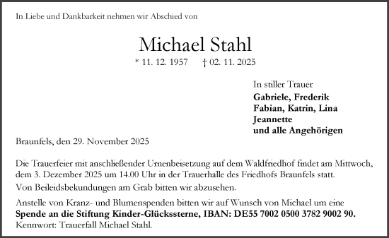 Traueranzeige von Michael Stahl von Wetzlarer Neue Zeitung