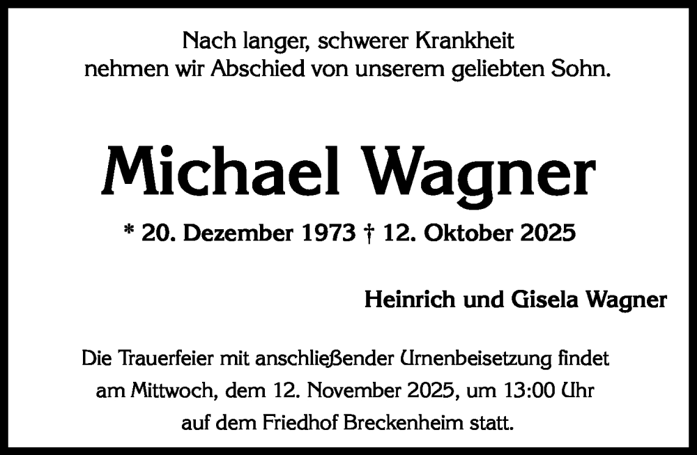  Traueranzeige für Michael Wagner vom 08.11.2025 aus Wiesbadener Kurier