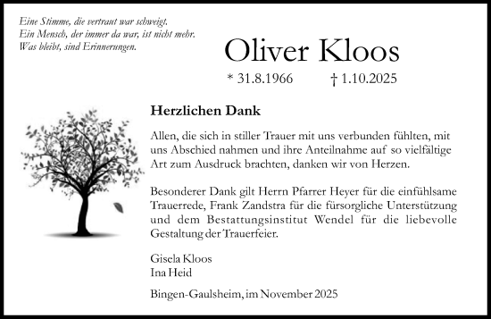 Traueranzeige von Oliver Kloos von Binger-/Ingelheimer Wochenblatt