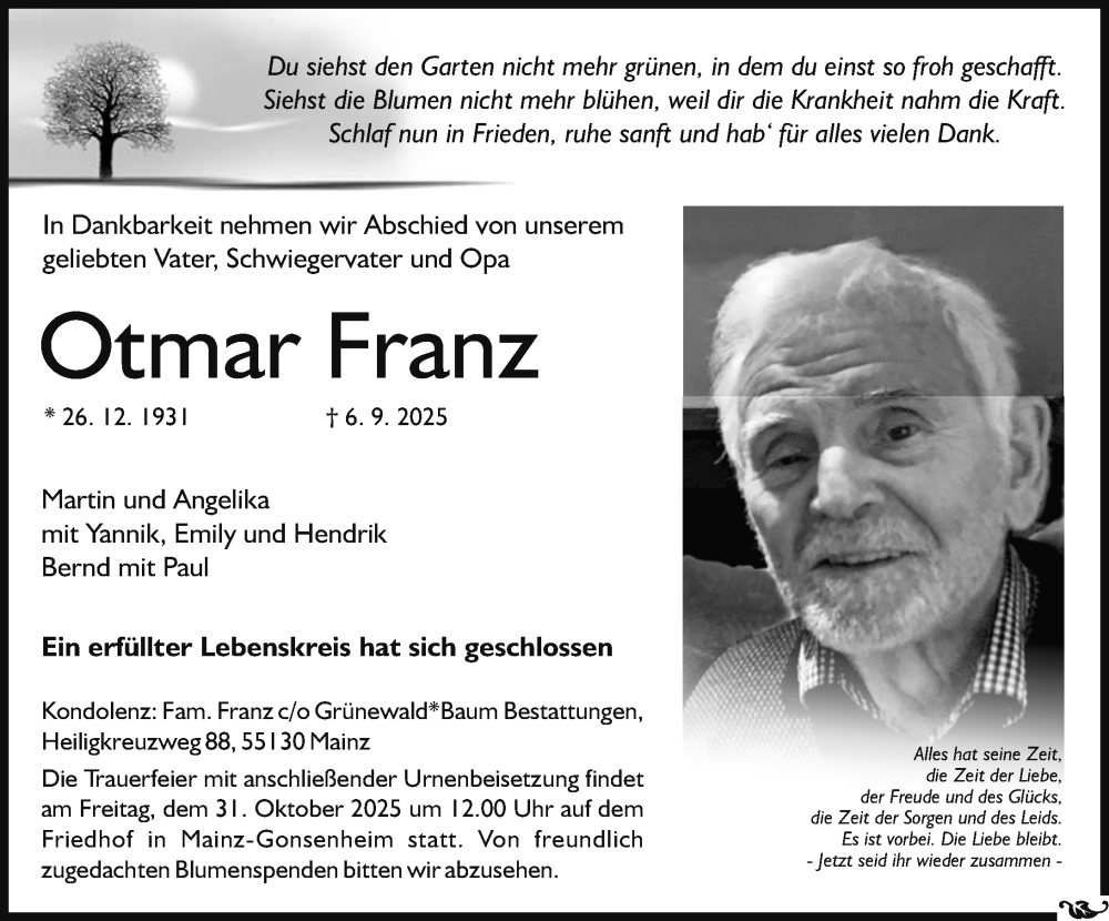  Traueranzeige für Otmar Franz vom 11.10.2025 aus Allgemeine Zeitung Mainz