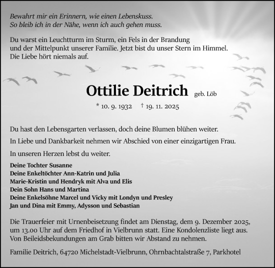 Traueranzeige von Ottilie Deitrich von Odenwälder Echo