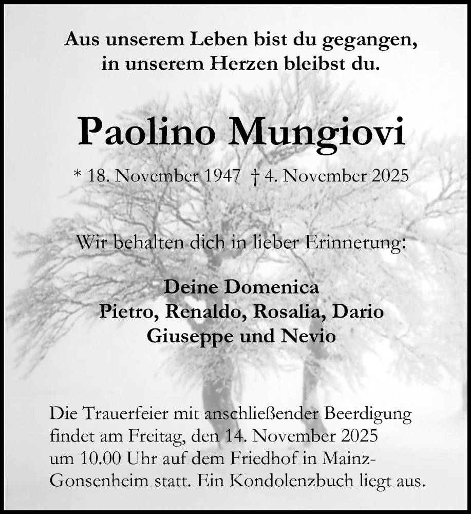  Traueranzeige für Paolino Mungiovi vom 08.11.2025 aus Allgemeine Zeitung Mainz