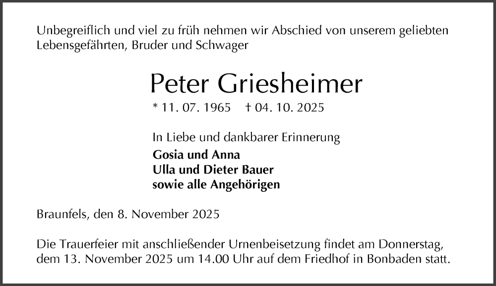  Traueranzeige für Peter Griesheimer vom 08.11.2025 aus Wetzlarer Neue Zeitung