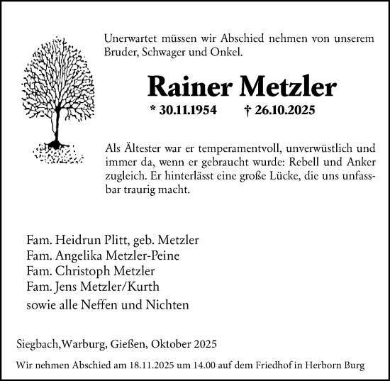 Traueranzeige von Rainer Metzler von Dill Block
