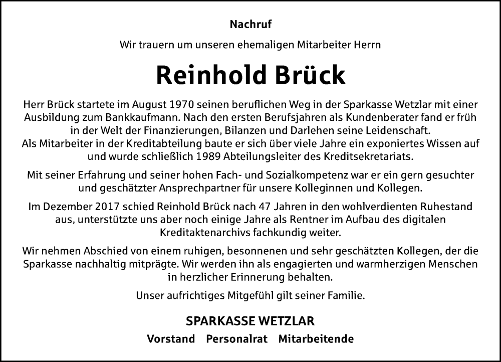  Traueranzeige für Reinhold Brück vom 11.11.2025 aus Wetzlarer Neue Zeitung