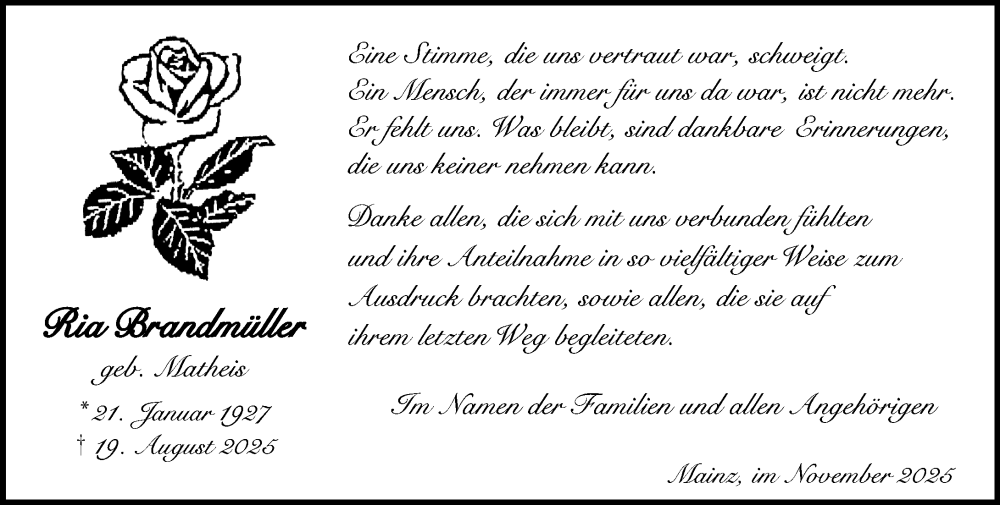  Traueranzeige für Ria Brandmüller vom 08.11.2025 aus Allgemeine Zeitung Mainz