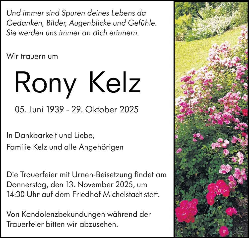  Traueranzeige für Rony Kelz vom 07.11.2025 aus Odenwälder Echo