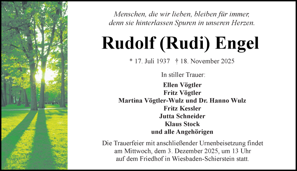  Traueranzeige für Rudolf Engel vom 29.11.2025 aus Wiesbadener Kurier