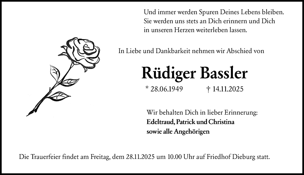  Traueranzeige für Rüdiger Bassler vom 22.11.2025 aus Dieburger Anzeiger/Groß-Zimmerner Lokal-Anzeiger