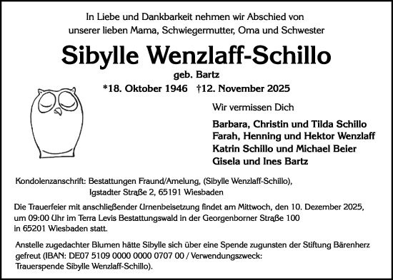 Traueranzeige von Sibylle Wenzlaff-Schillo von Wiesbadener Kurier