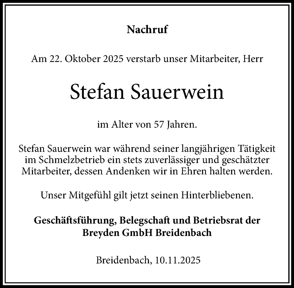  Traueranzeige für Stefan Sauerwein vom 11.11.2025 aus Hinterländer Anzeiger