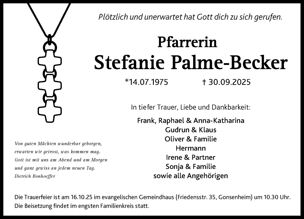  Traueranzeige für Stefanie Palme-Becker vom 11.10.2025 aus Allgemeine Zeitung Mainz