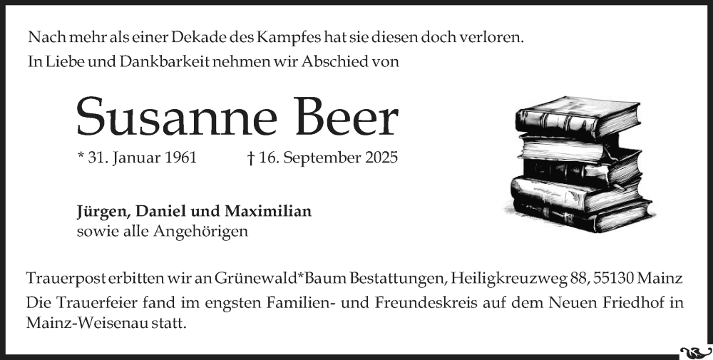  Traueranzeige für Susanne Beer vom 11.10.2025 aus Allgemeine Zeitung Mainz