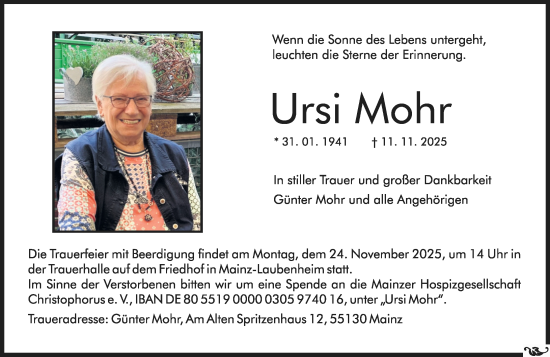 Traueranzeige von Ursi Mohr von Allgemeine Zeitung Mainz
