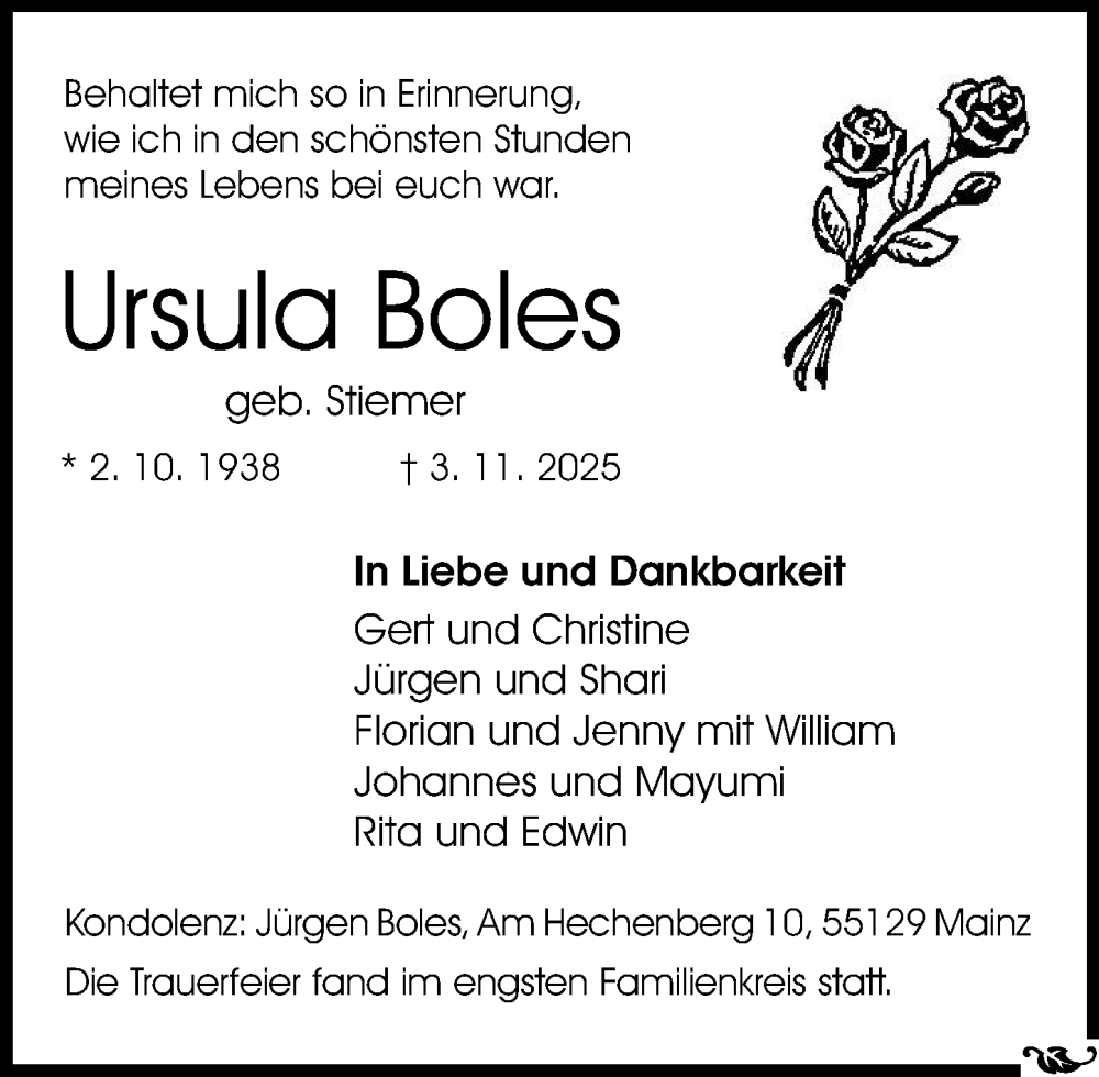  Traueranzeige für Ursula Boles vom 29.11.2025 aus Allgemeine Zeitung Mainz