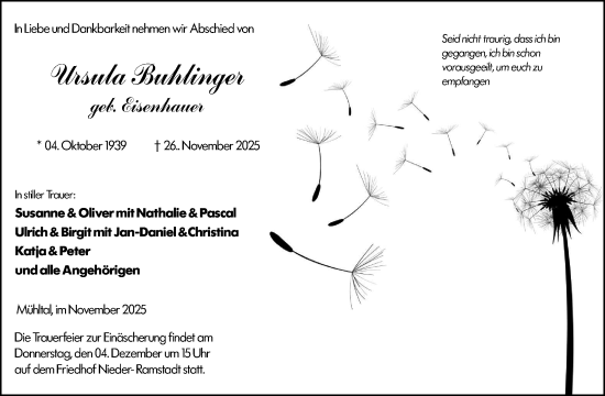 Traueranzeige von Ursula Buhlinger von Darmstädter Echo