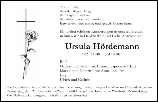 Traueranzeige von Ursula Hördemann von Wiesbadener Kurier