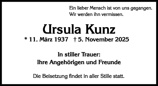 Traueranzeige von Ursula Kunz von Wiesbadener Kurier