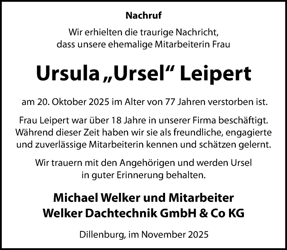  Traueranzeige für Ursula Leipert vom 08.11.2025 aus Dill Block