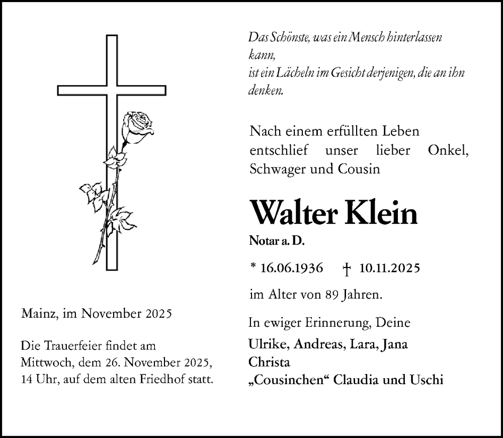  Traueranzeige für Walter Klein vom 22.11.2025 aus Darmstädter Echo