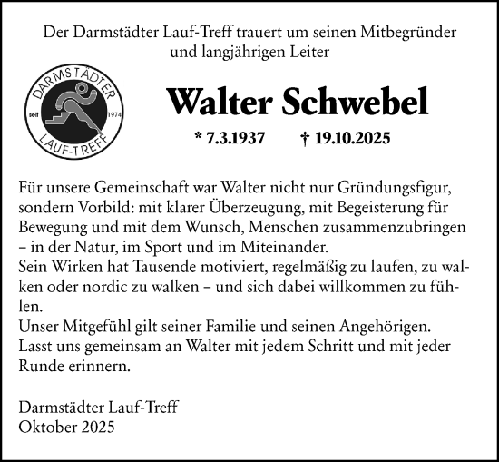 Traueranzeige von Walter Schwebel von Darmstädter Echo