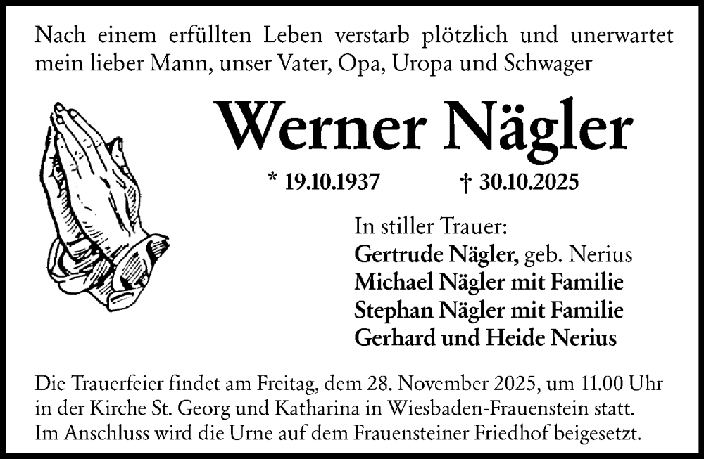  Traueranzeige für Werner Nägler vom 22.11.2025 aus Wiesbadener Kurier