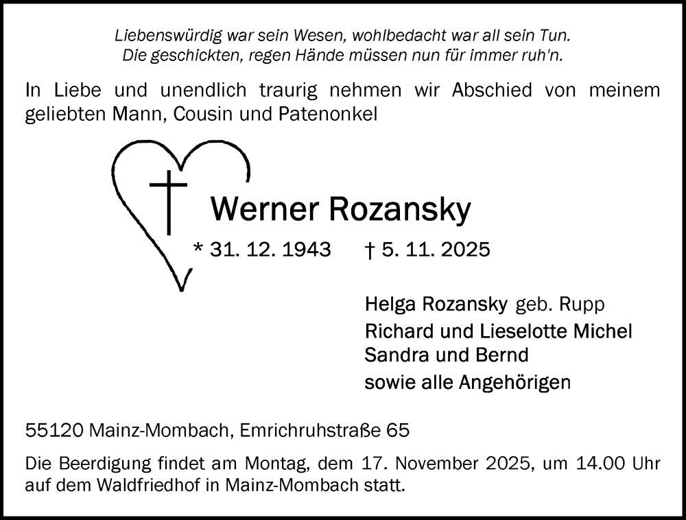  Traueranzeige für Werner Rozansky vom 08.11.2025 aus Allgemeine Zeitung Mainz
