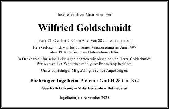 Traueranzeige von Wilfried Goldschmidt von Allgemeine Zeitung Rheinhessen-Nahe