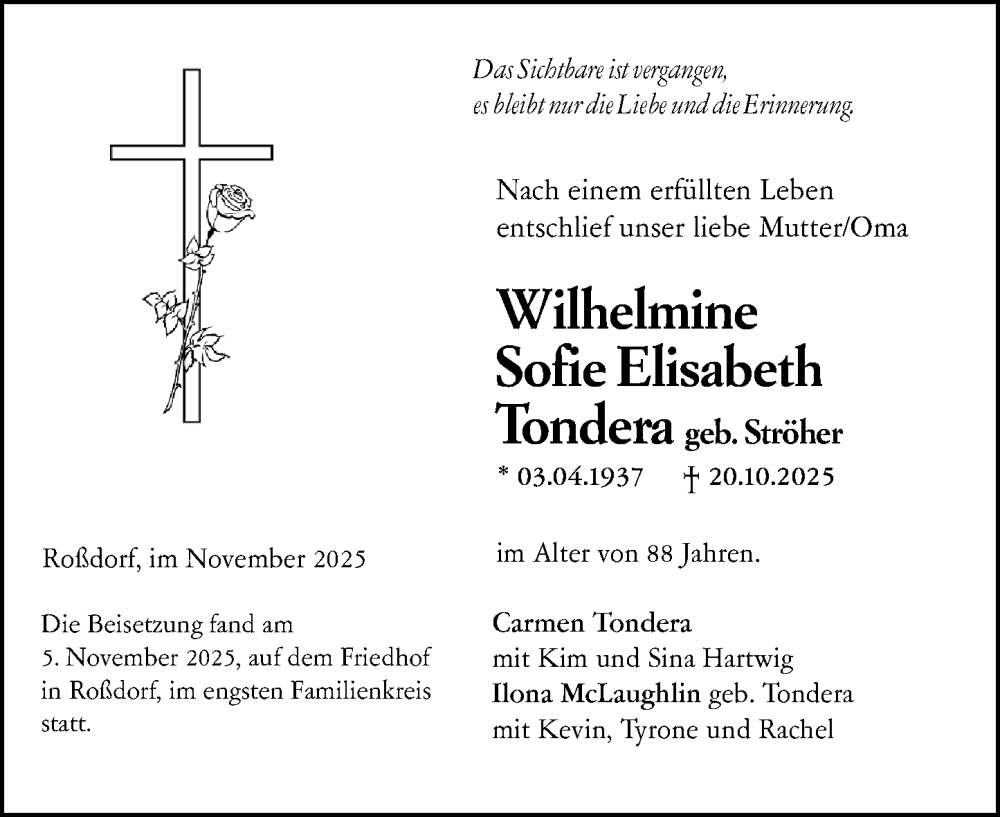  Traueranzeige für Wilhelmine Sofie Elisabeth Tondera vom 08.11.2025 aus Darmstädter Echo