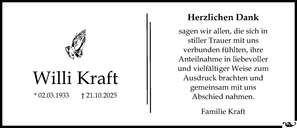 Traueranzeige für Willi Kraft vom 29.11.2025 aus Allgemeine Zeitung Mainz