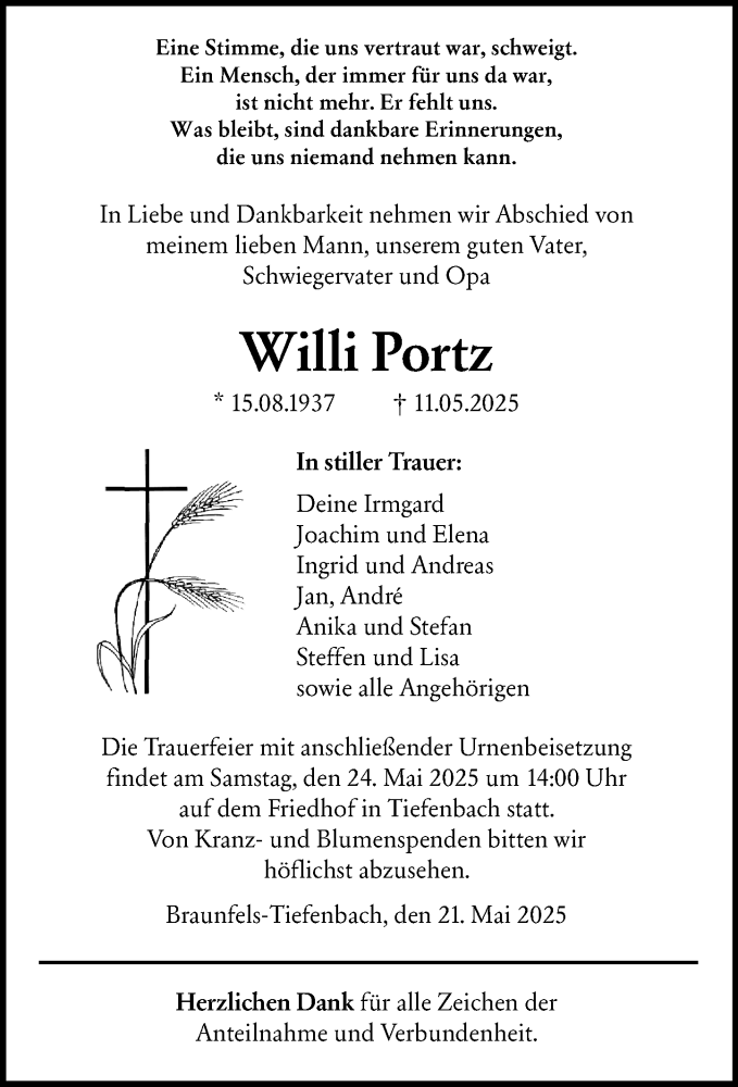  Traueranzeige für Willi Portz vom 21.05.2025 aus Wetzlarer Neue Zeitung