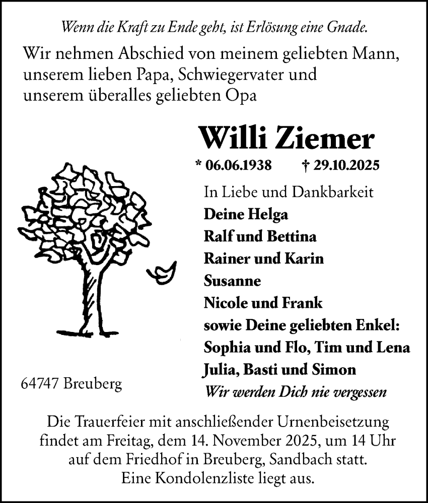  Traueranzeige für Willi Ziemer vom 08.11.2025 aus Odenwälder Echo