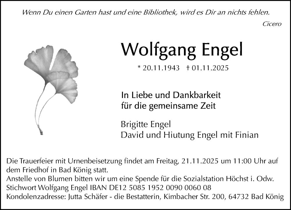  Traueranzeige für Wolfgang Engel vom 08.11.2025 aus Odenwälder Echo