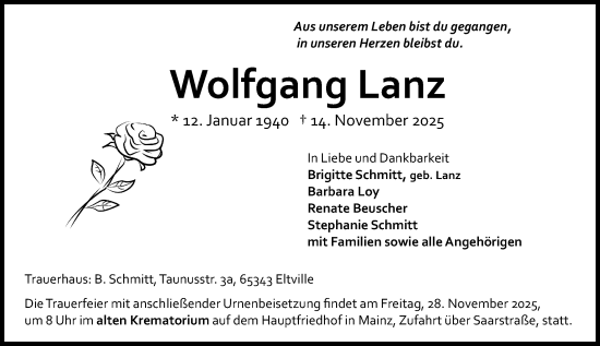 Traueranzeige von Wolfgang Lanz von Wiesbadener Kurier