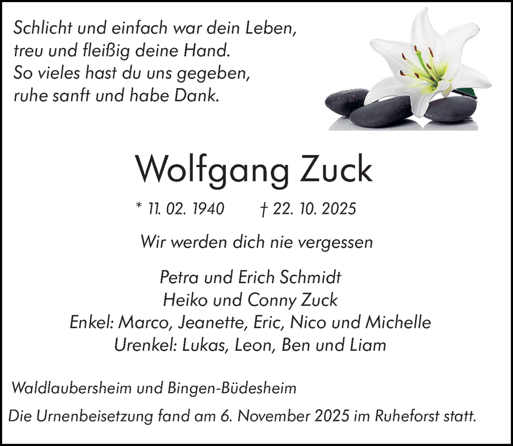  Traueranzeige für Wolfgang Zuck vom 08.11.2025 aus Binger-/Ingelheimer Wochenblatt